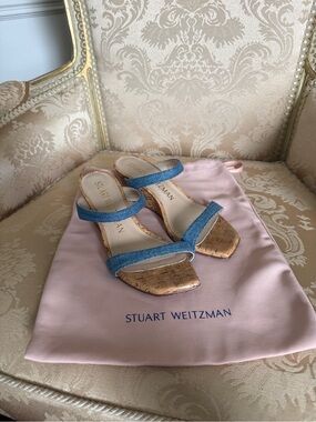 Stuart Weitzman Denim Blue Cork Block Heel Sandals